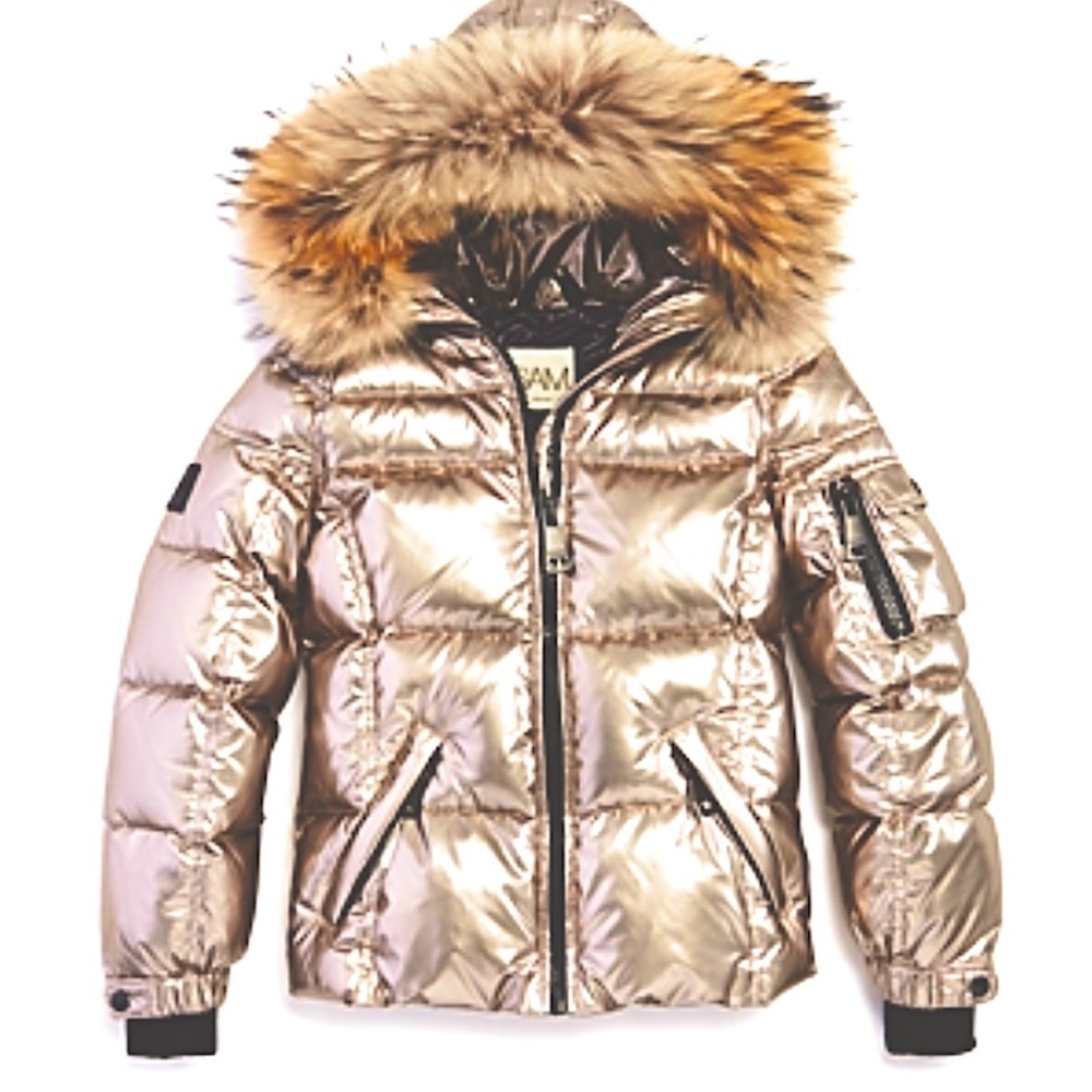 SAM. Girls Blake Fur Lined Puffer Jacket Goose Down Pink Lacquered Size 12